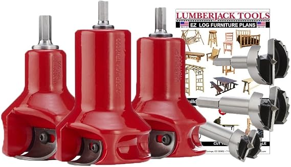 Lumberjack Tools Tenon Cutter Kit for Log Furniture, 1" & 1.5" & 2" Cutters & Forstner Bits, Home Series Powder Coated Aluminum, 1/2" Shank, Dual Blades Create a Radius Shoulder Profile, Made in USA