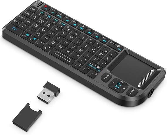 K808 Mini Keyboard with Touchpad, 2.4G + BT, with 7-Color Backlight | 600mAh rechargeable battery, laser pointer, compatible with pc/tv/htpc,and other devices, for travel,office and home use