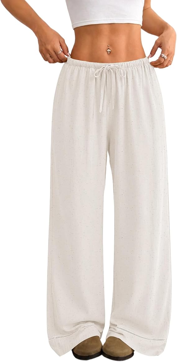 LOMON Women's Linen Blend Wide Leg Pants, Drawstring Waist with Pockets | Ladder-Stitch Hem Trim, Beach Vacation Outfits, Wide Leg Palazzo Fit, Drawstring Waist And Side Pockets