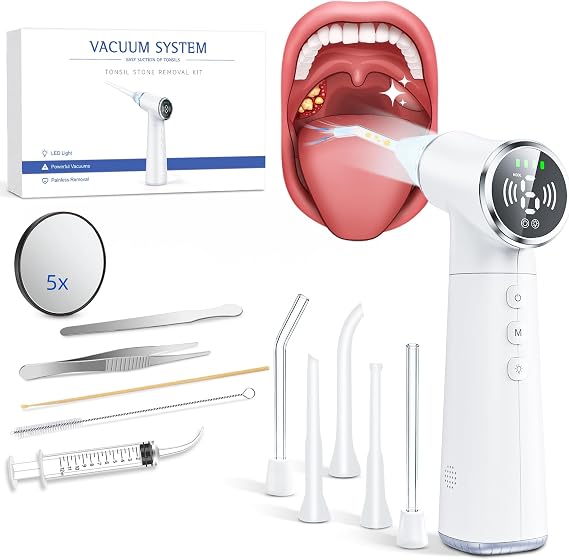 Electric Tonsil Stone Remover Vacuum USB Rechargeable, 6 Suction Levels for Bad Breath Relief, Painless Tonsillolith Removal Kit, LED Light, 11-in-1 Glass & Silicone Probes