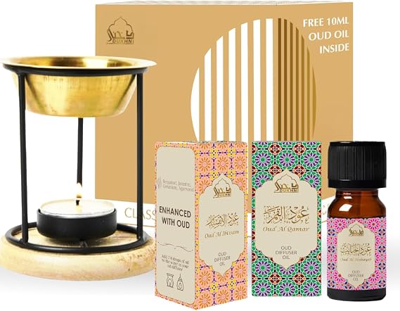 Floral Oud Diffuser Oil Set & Oil Burner by Dukhni | Brass Burner with Candle I 3 x 10ml oudh Essential Oil, Aroma Oil for Diffuser & humidifier | Relax with Home Aromatherapy