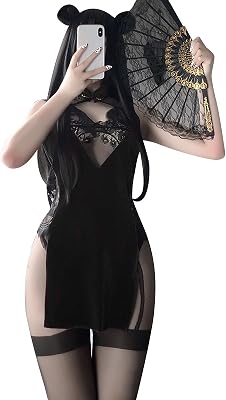 YOMORIO Anime Lingerie Chinese Velvet Cheongsam Sexy Lace Retro Qipao Side Split Nightwear