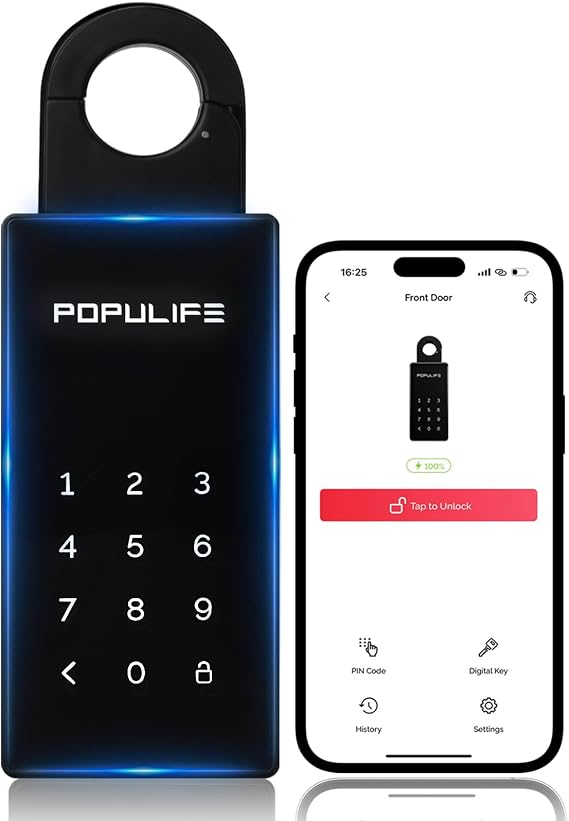 Populife Smart Key Lock Box for Outside, Wireless Lock Box for House Key | Remotely generate random passwords (one-time, time-limited, or permanent) no WiFi required