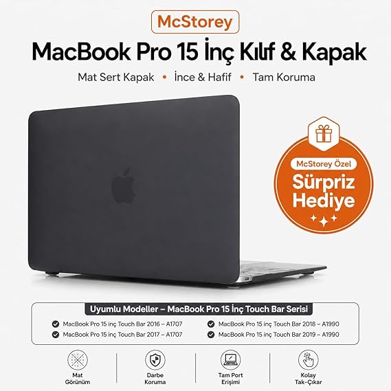 McStorey MacBook Pro 15 Mat Kılıf A1707 A1990 Uyumlu Sert TPU Kılıf İnce Hafif Koruyucu Kapak 2016-2019 Şeffaf Siyah