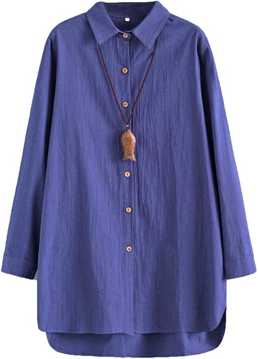 Minibee Women's Cotton Shirts Tunics Hi Low Tops Boyfriend Button Down Blouse