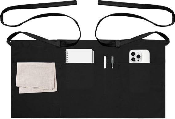 Server Aprons with 3 Pockets, Waitress Waiter Waist Apron, Half Short Serving Apron for Women Men, Black 1 Pack, 12 inch