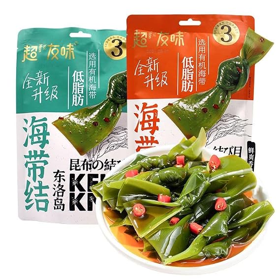 2 flavors of spicy seaweed knots,ready to eat tender seaweed sprouts,spicy strips,Crispy Kelp knot,breakfast side dishes,Snack and Salad,vegetarian,Chili Sauce Pickles (Spicy Kelp,2bag)
