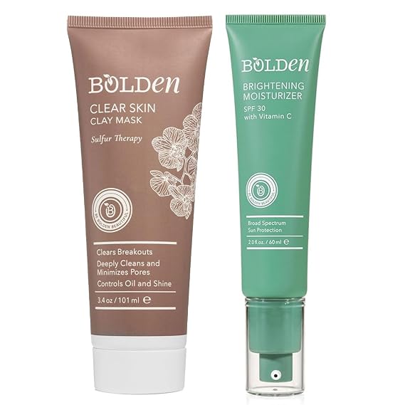 Bolden SPF 30 Face Moisturizer & Clear Skin Clay Mask Bundle Vitamin C Sunscreen + Sulfur-Based Deep Pore Mask | Broad Spectrum | 2.0 + 3.5 fl oz