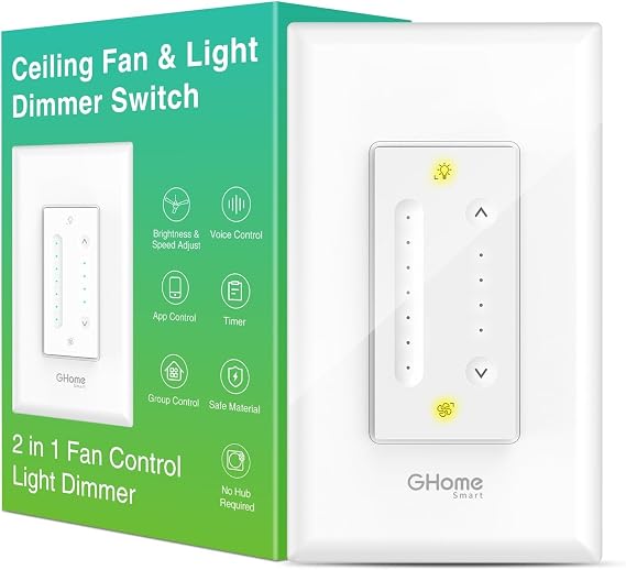 GHome Smart Dimmer Switch with 4-Speed Ceiling Fan Control, Ceiling Fan and Light Switch Combo with Dimmer Compatible with Alexa and Google Assistant, 2.4Ghz Only, Single-Pole, UL Certified