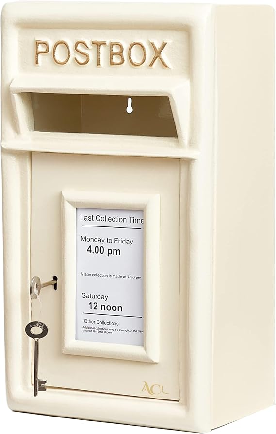 Assorted Collections Wall Mounted Post Box Classic Large Letter Box Lockable With 2 Keys, Heavy Duty Cast Iron Weatherproof Mailbox Easy To Install Keep ‎24x17x 44 cm, 11.8 kg (Ivory)