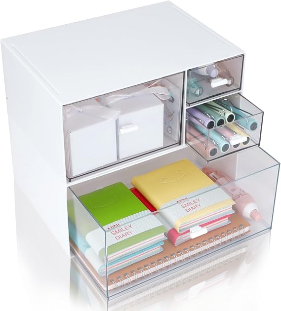2Tier Stackable Storage Drawers, Matte White Plastic Desk Organizer with 4 Deep Drawer, Clear Desktop Storage Boxes for Bathroom, Office Supplies, Home Collection, Small Items, Cosmetic