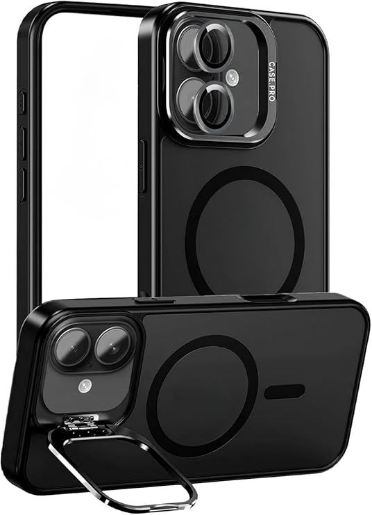 MADNOVA iPhone 17 için Kılıf Kamera Korumalı Magsafe Wireless Şarj Özellikli Lens Hediyeli Mat Şeffaf Renkli Standlı iPhone için Kılıf (Siyah)