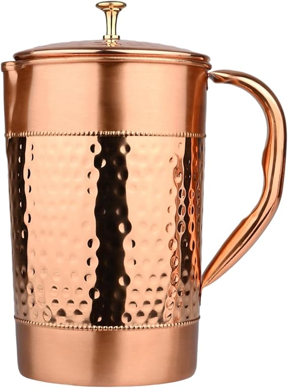 Copper Pitcher 1.5L 50.72 Fl Oz with Brass Knob - Pure Copper Jug for Ayurveda Detox, Hammered and Plain Pattern
