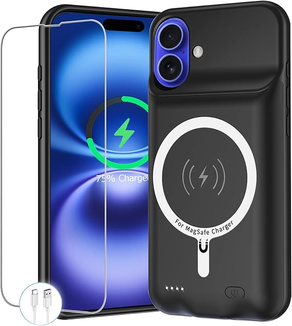 Battery Case for iPhone 16, Upgraded 10000mAh Portable Protective Charging Case with Wireless Charging Compatible with iPhone 16 (6.1 inch) Rechargeable Battery Pack Charger Cover with Carplay (Black)