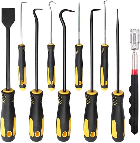 10Pcs Precision Pick & Hook Set with Scraper and Magnetic Telescoping Tool Kit Mechanic Hook Picks Tools Set for Remove Automotive Electronics Maintenance Hoses Gasket Hand Pick Up Tools