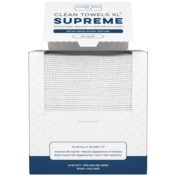 Clean Skin Club Clean Towels XL Supreme, 100% USDA Biobased Face Towel, Disposable Face Towelette, Eczema Association Accepted, Thicker Textured Dry Wipes, Ultra Absorbent & Soft, 1 Pack, 50 Ct