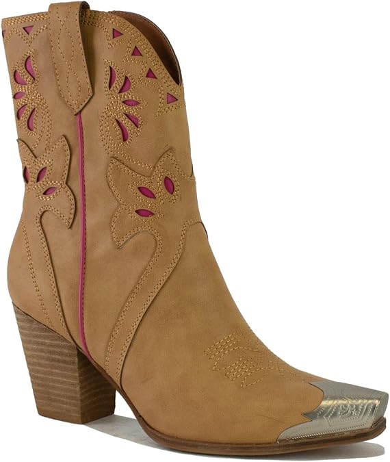 Metal Toe Ankle Boots for Women Western Cowgirl Boots Pointed Toe Boots Stacked Heel Boots Fashion Side Zipper Boots