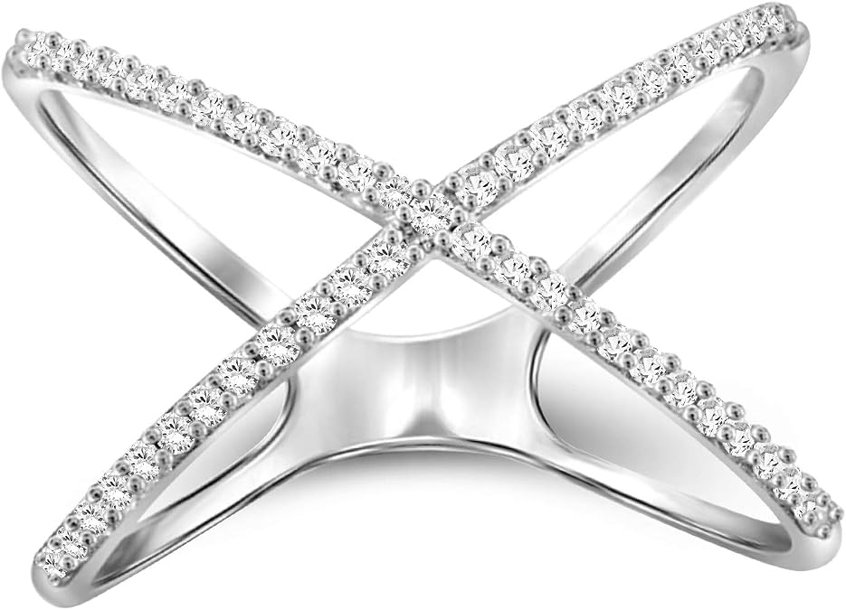 JEWELEXCESS Sterling Silver Criss Cross Ring 1/7 Carat White Diamond Ring with .925 Sterling Silver X Ring Real Diamond Criscross Ring with Hypoallergenic Sterling Silver Ring Band