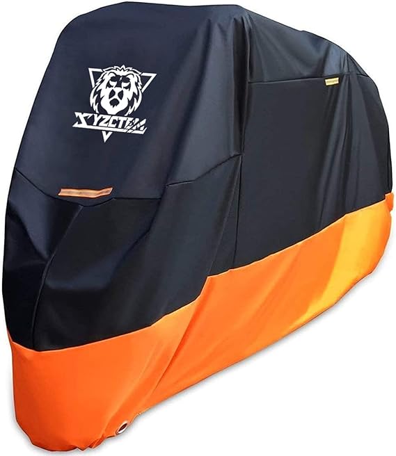 XYZCTEM Motorcycle Cover All Season Waterproof Outdoor Protection Fit up to 116 inch Tour Bikes, Choppers and Cruisers Protect Against Dust, Debris, Rain and Weather(L,Black& Orange)