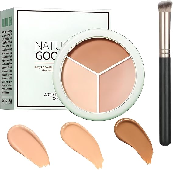 Full Coverage 3 Color Concealer Palette – Waterproof Cream Makeup & Contour Stick with Brush – Long Lasting Matte Foundation for Dark Circles, Blemish Correction & Smooth Flawless Makeup