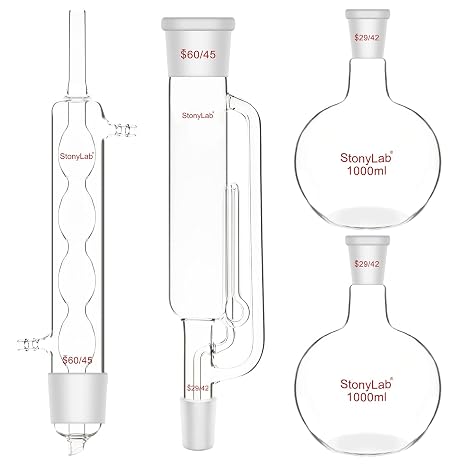 stonylab Borosilicate Glass Soxhlet Type Extraction Apparatus, 60/45 Soxhlet Extractor and Allihn Condenser with Two 1 L 29/42 Flat Bottom Flasks Lab Extraction Essentials