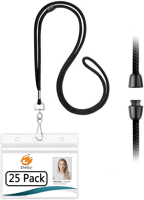 Breakaway Lanyards with ID Holder Clear Plastic Waterproof Heavy Duty Horizontal Name tag ID Card Holders and Safety Lanyards for ID Badges (25 Pack, Black)