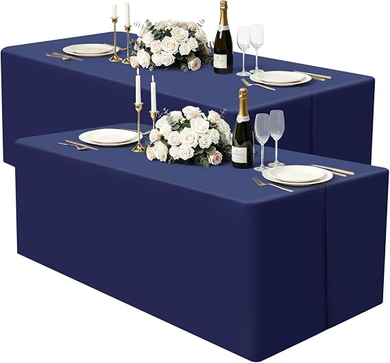 homing 2 Packs Rectangle Fitted Tablecloth, 8 Foot Washable Fabric Table Cloth, Waterproof Polyester Table Cover for Party, Trade Show, Outdoor and Indoor (Navy Blue, 30" x 96")