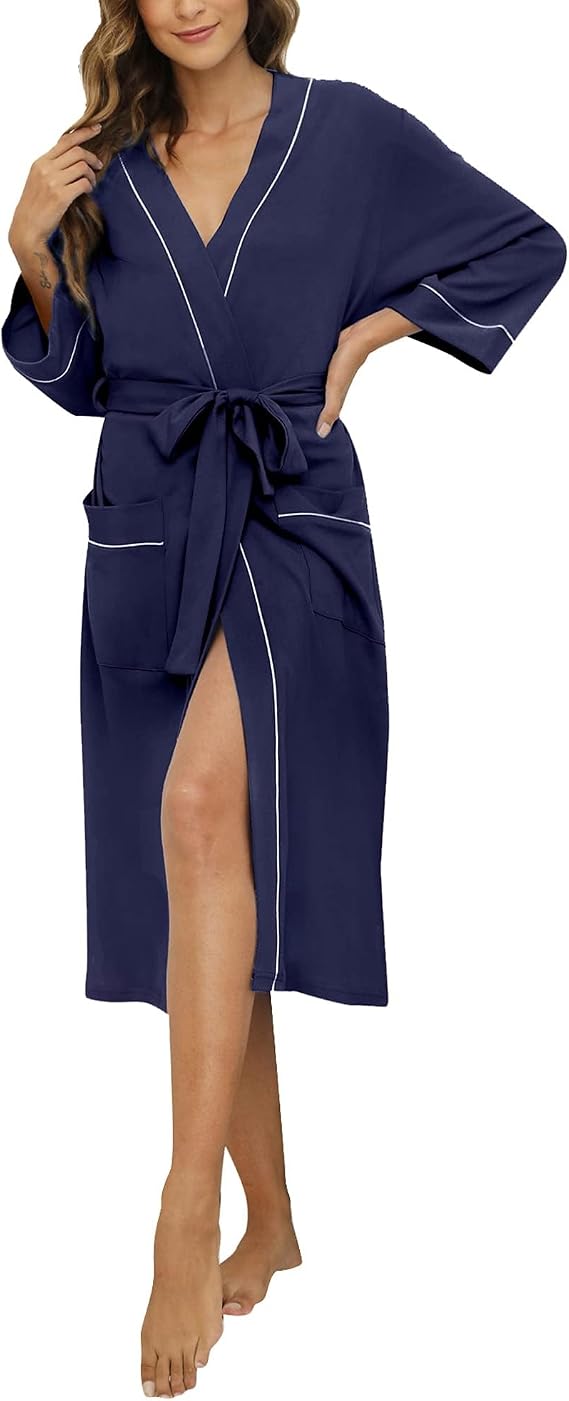 HEARTNICE Womens Cotton Robe, Soft Lightweight Long Knit Bathrobe | 100% Cotton Knit Long Robe with Pockets and 3/4 Sleeves, Ideal for Lounging, Sleeping and Relaxing at Home.
