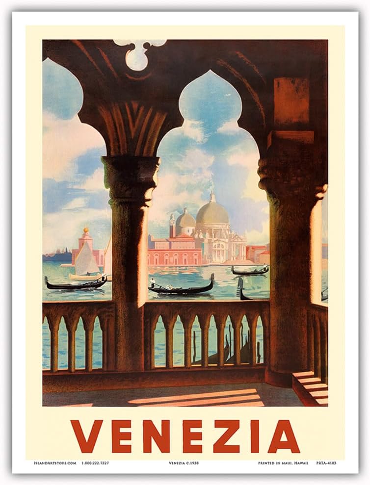Venezia Venice Italy - Gondolas on Grand Canal - St. Marks Basilica Basilica di San Marco - Vintage Travel Poster c.1938 - Master Art Print Unframed 9in x 12in