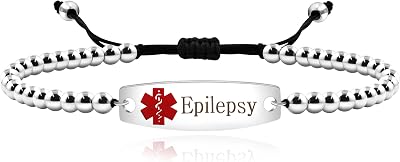Uloveido Medical Alert ID Bracelet Laser Engraved Epilepsy Adjustable Wristband for Women Emergency First Aid, 4mm Stainless Steel Beads Engraved Health Alert Bracelet for Women Girls Y4301
