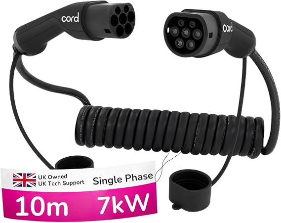 Cord Type 2 to Type 2 EV Coiled Charging Cable, 32amp, 7kW, 10 Metre, Single Phase, Black & White (Usable length ~8.0m)