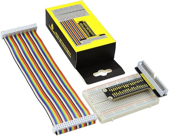 KEYESTUDIO GPIO Breakout Kit for Raspberry Pi - Assembled Pi Breakout + Rainbow Ribbon Cable + 400 Tie Points Solderless Breadboard