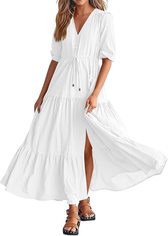 Women's Casual V Neck Elastic Waist Tiered Maxi Dress with Split Bottom Short Sleeves Drawstring Waist Midi Dresses