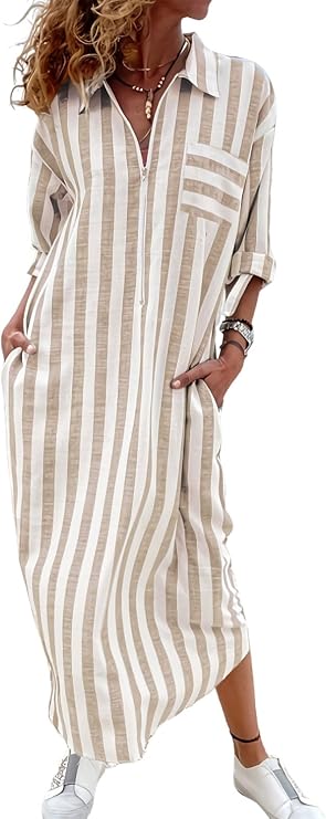 utcoco Womens Casual Striped 1/4 Zipper Maxi Shirt Dresses Rolled Up Sleeve Beach Vacation Boho Shift Dress