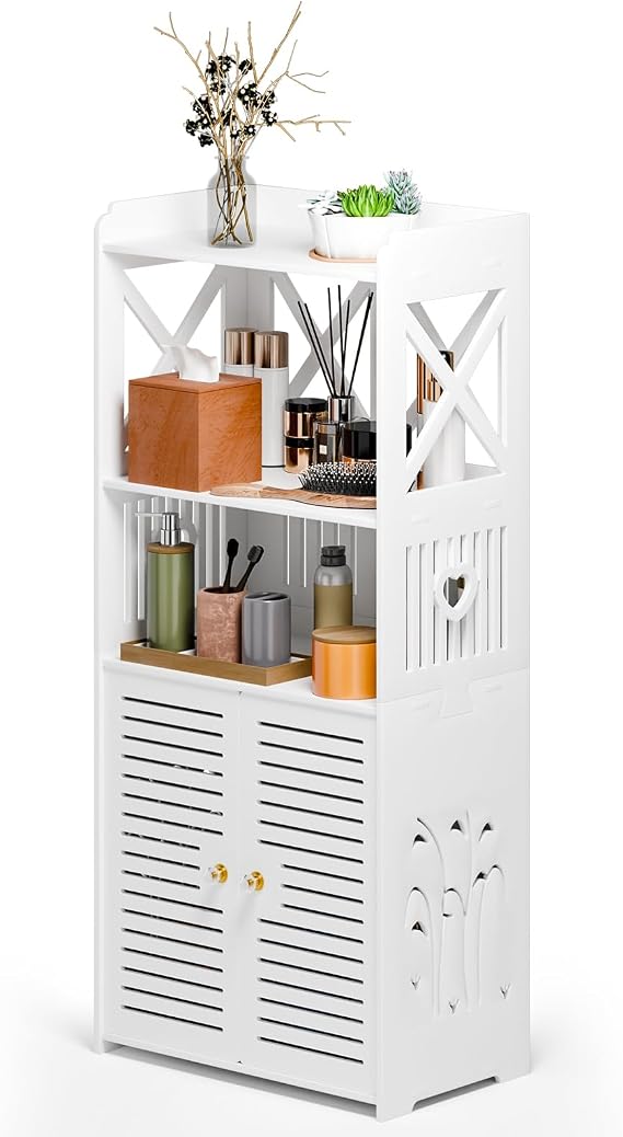 Modern White Bathroom Storage Cabinet, 40cm x 24cm x 90cm, 4 Levels, 3 Shelves, 2 Compartments, 2 Doors, Freestanding, Sturdy PVC Construction, Easy Assembly