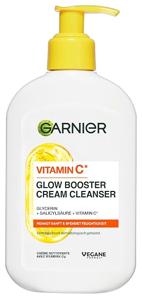 Garnier Facial Cleanser for Blush Uneven Skin Cleansing and Moisturising with Vitamin C and Glycerin Vegan Formula Glow Booster Cream Cleanser Vitamin C SkinActive 250 ml