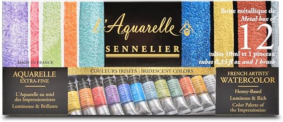 Sennelier French Artists' Watercolor Set, 10ml Tubes, 12-Color Iridescent Tin Set