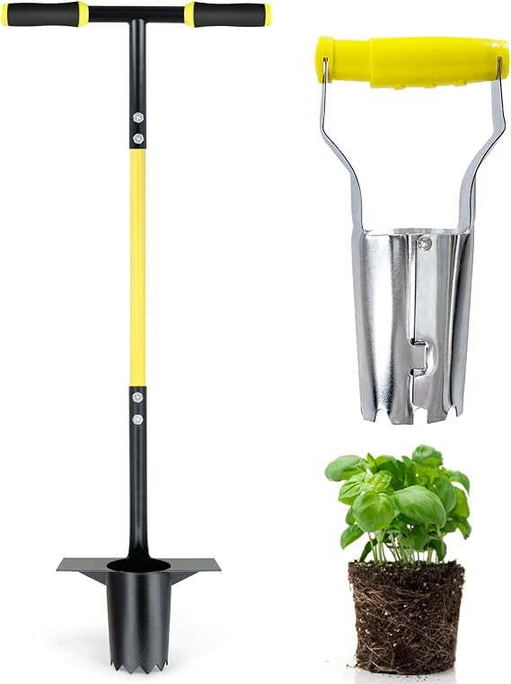 Jardineer Bulb Planter Tool, Long Handle Sod Plugger with Serrated Base, Automatic Soil Releasing Small Bulb Transplanter for Tulips, Daffodils, Lily