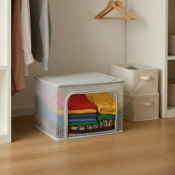 Deconox Çelik Destekli Katlanabilir Şeffaf PVC Dolap Düzenleyici - 38x48x28 cm Baza İçi ve Kıyafet Saklama Hurcu Organizer