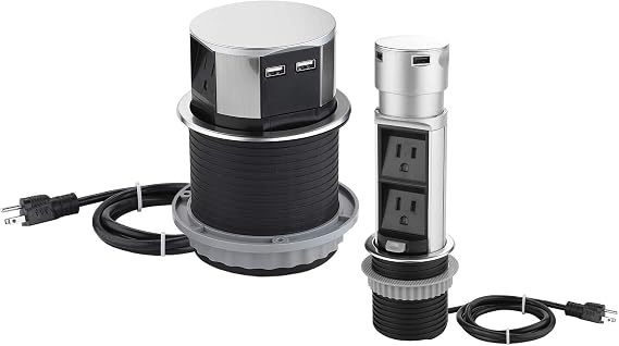Link2Home Space Saver Pop Up Outlet Bundle, Two Outlets -2.4A Fast Charge, Splash Resistant, Stainless-Steel Finish, for Kitchen Counter Island, Office, Table, and Workshop