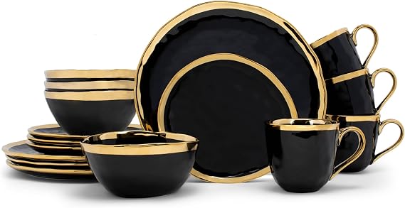 Elanze Designs 16-Piece Metallic Bubble Porcelain Ceramic Plates Bowls Mugs Dinnerware Set - Service for 4, Black With Gold Accents