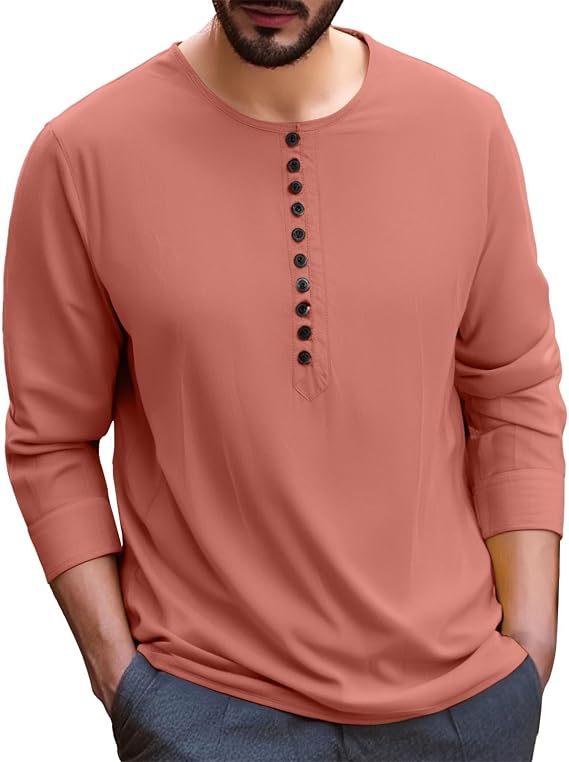CRNTCEM Long Sleeve Crewneck Henley Shirts for Men Fashion Solid Color Button Basic T-Shirts Casual Stylish Cotton Shirts