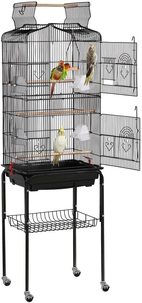 Yaheetech 64'' Open Top Bird Cage for Parakeets & Cockatiels, Black | Detachable Rolling Stand, Easy-clean Slide Tray, Multi-door Access, 3/8" Bar Spacing, Indoor/Outdoor Use