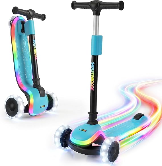 Kids Kick Scooter with LED Light-Up Wheels & Deck, 3-Wheel Folding Scooter for Ages 3-10, Adjustable Height, Extra Wide Anti-Slip Deck for Boys Girls