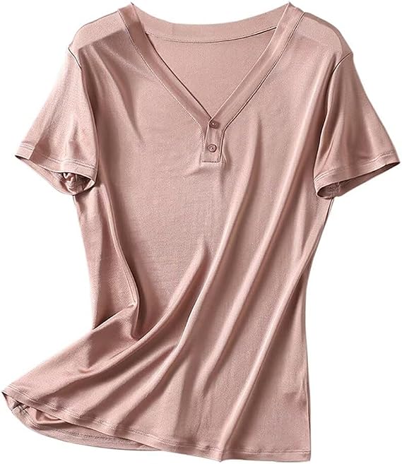 Women's Silk T Shirt Short Sleeve V-Neck Top Undershirt Breathable Mulberry Silk Tee Summer Basic Tops