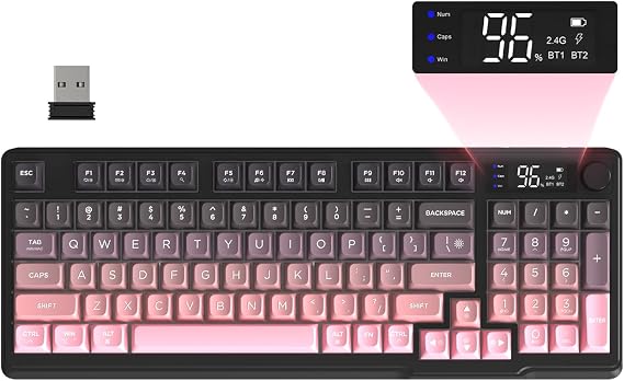 FREEWOLF M96 Wireless Gaming Membrane keyboard, Knob Control BT/2.4G Wireless, Mechanical Feeling, RGB LED Backlit with Display Screen, PBT Keycap, 3000mAh, US Layout for Win/Mac - Pink Gradient