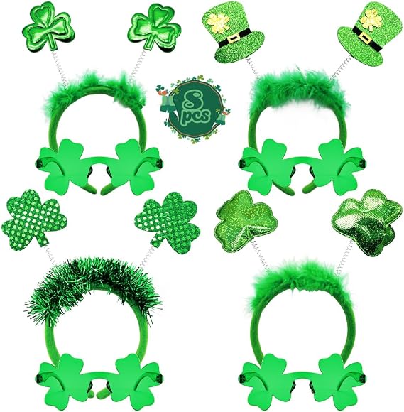 8Pcs St. Patrick's Day Headbands and Shamrock Sunglasses