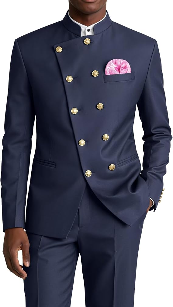 Wangyue Chinese Suits for Men Slim Fit 2 Piece Chinese Tunic Suit Double Breasted Mandarin Collar Suit Jacket Pant Set
