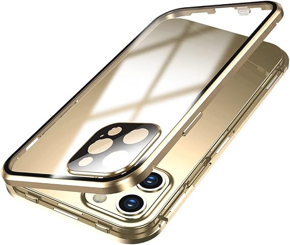 Anti-Peeping Case Compatible with iPhone 12 Pro Case with Camera Lens Protector Privacy Screen Aluminum Alloy Metal Bumper Glass Cover (Gold)