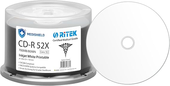 50 Ritek Medishield Medical CD-R 52X 700MB White Inkjet Hub Printable Disc | DICOM Compliant, PACS/HIPPA Systems Compatible, Smart Archiving for Smarter Healthcare, Data CD-R Blank Recordable Disc